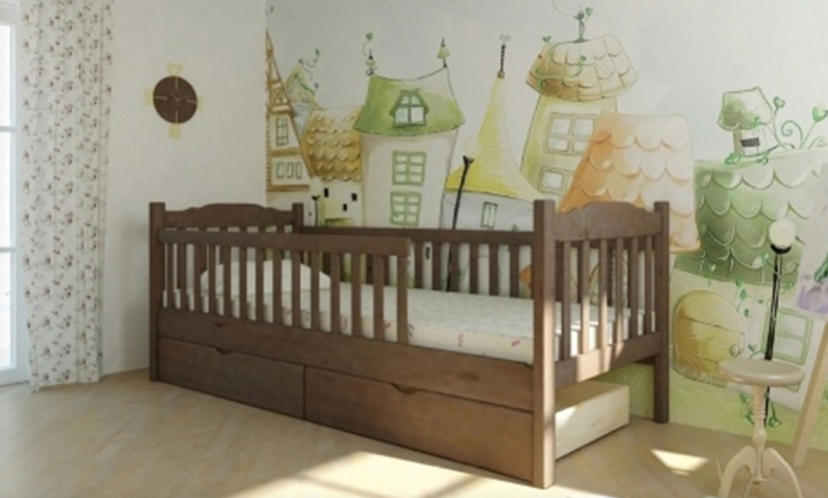 Дитяче ліжко Юніор 90*200 з двума заборами (б/м) темний горіх - фото 2