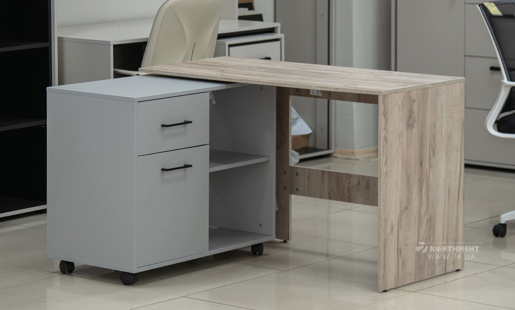 Письмовий та комп'ютерний стіл Стіл офісний кутовий поворотний (лівий) дуб крафт сірий/шиншила грей - фото 4