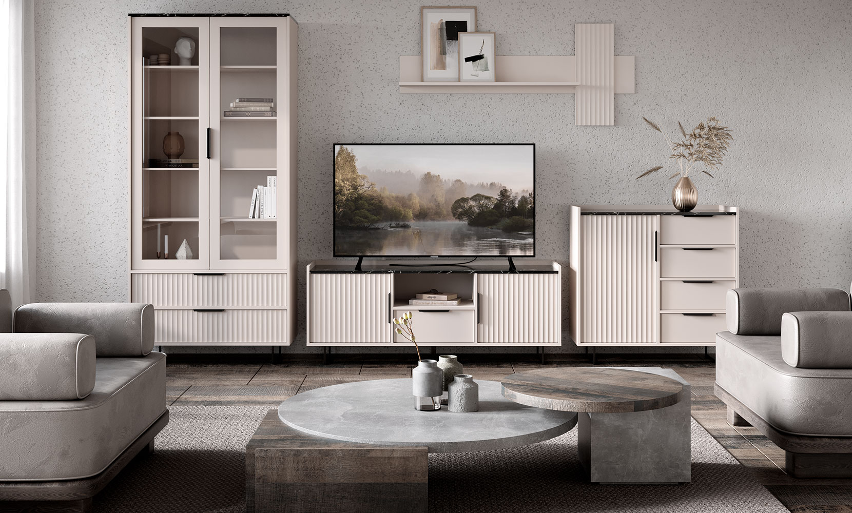 Тумба ТВ Фреско 002 Тумба RTV 2D1S кашемір/темний мармур - фото 3