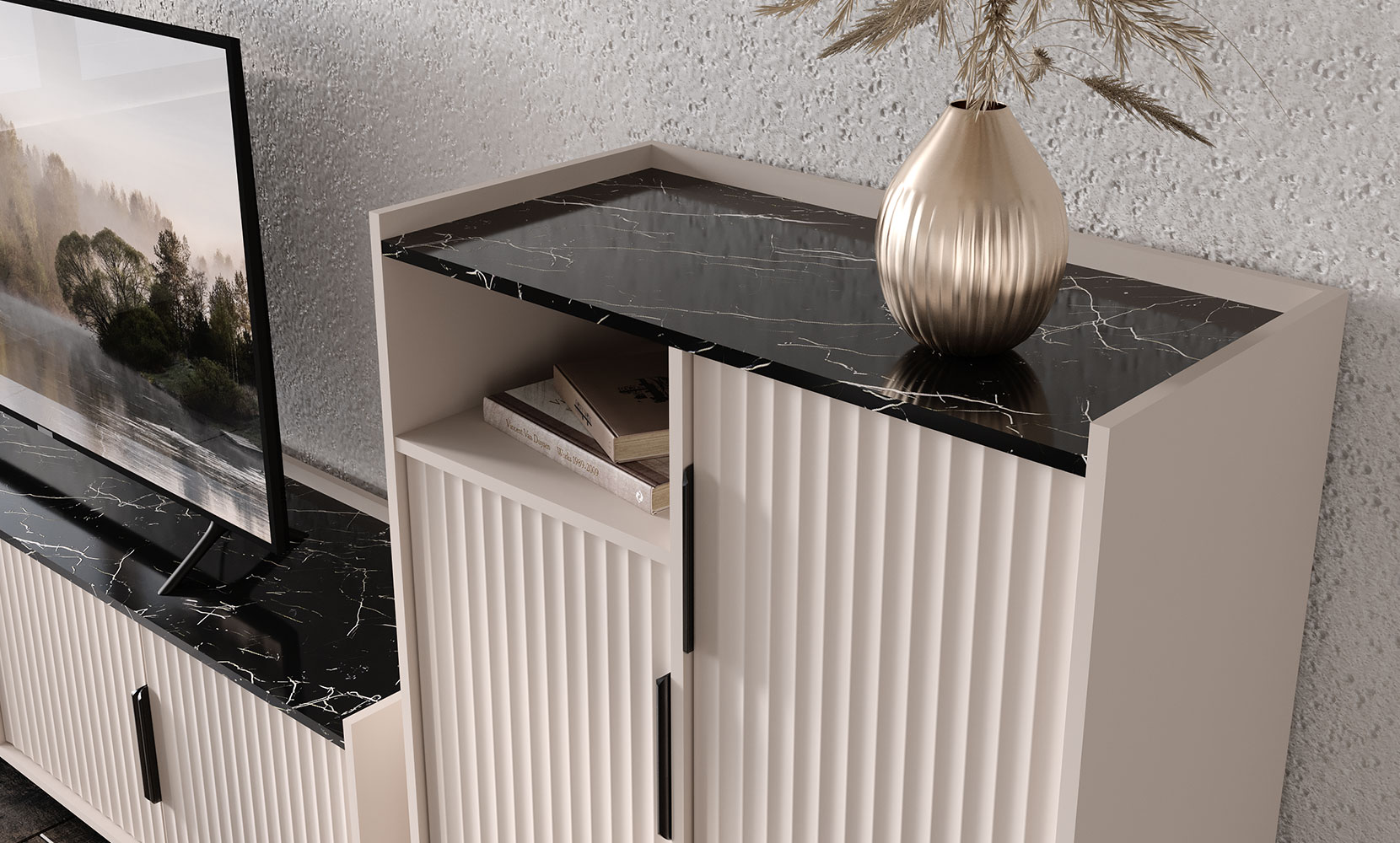 Тумба ТВ Фреско 002 Тумба RTV 2D1S кашемір/темний мармур - фото 5