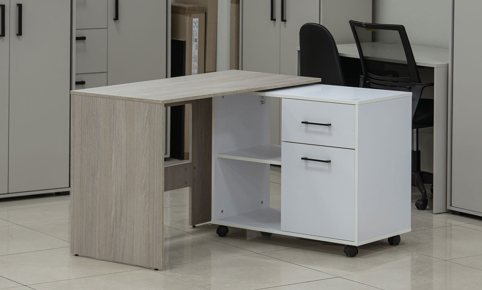 Письмовий та комп'ютерний стіл Стіл офісний кутовий поворотний правий дуб урбан ойстер/німфея альба - фото 2