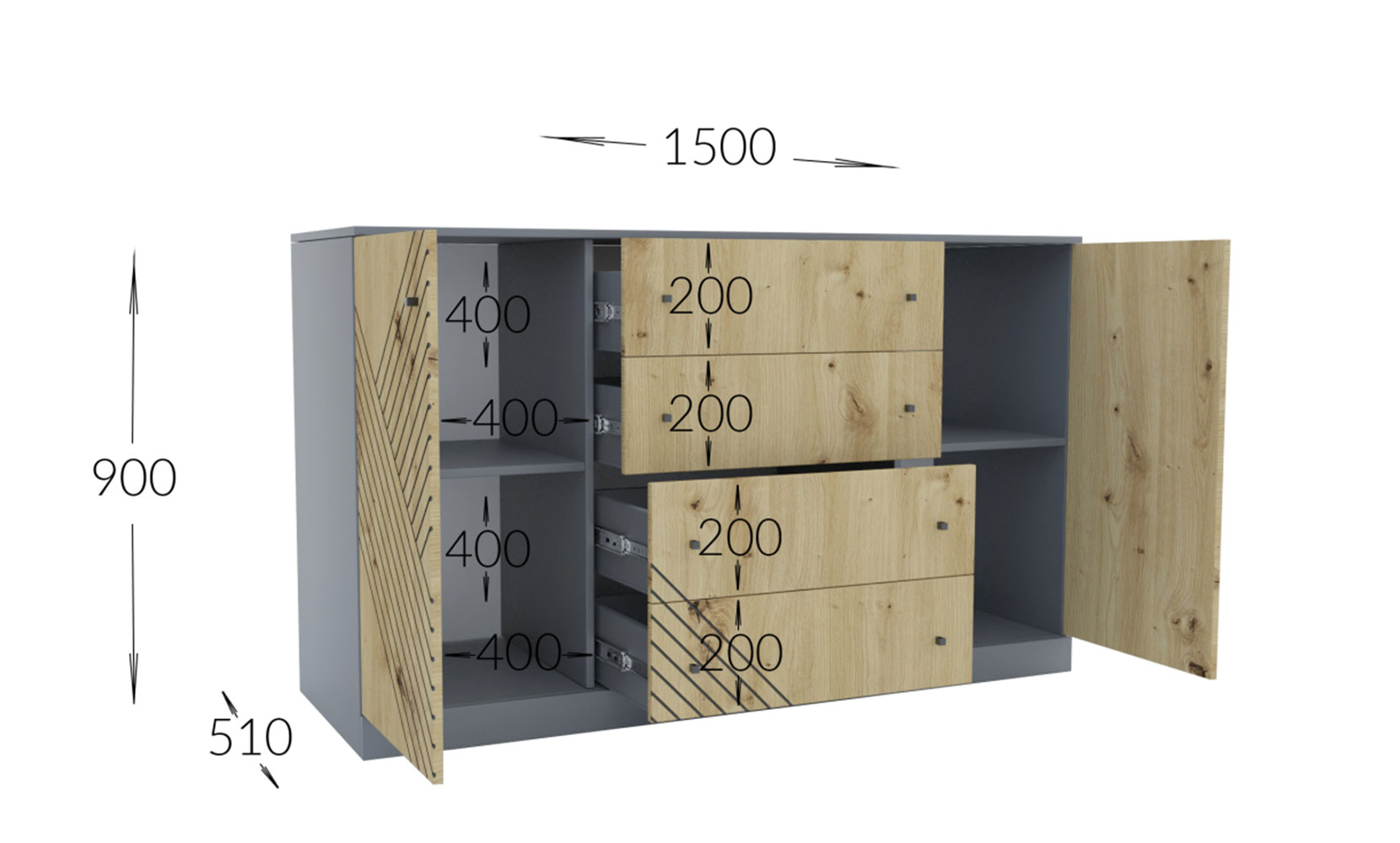 Комод Брістоль комод 150/90/51 4Ш+2Д антрацит/дуб артизан - фото 2