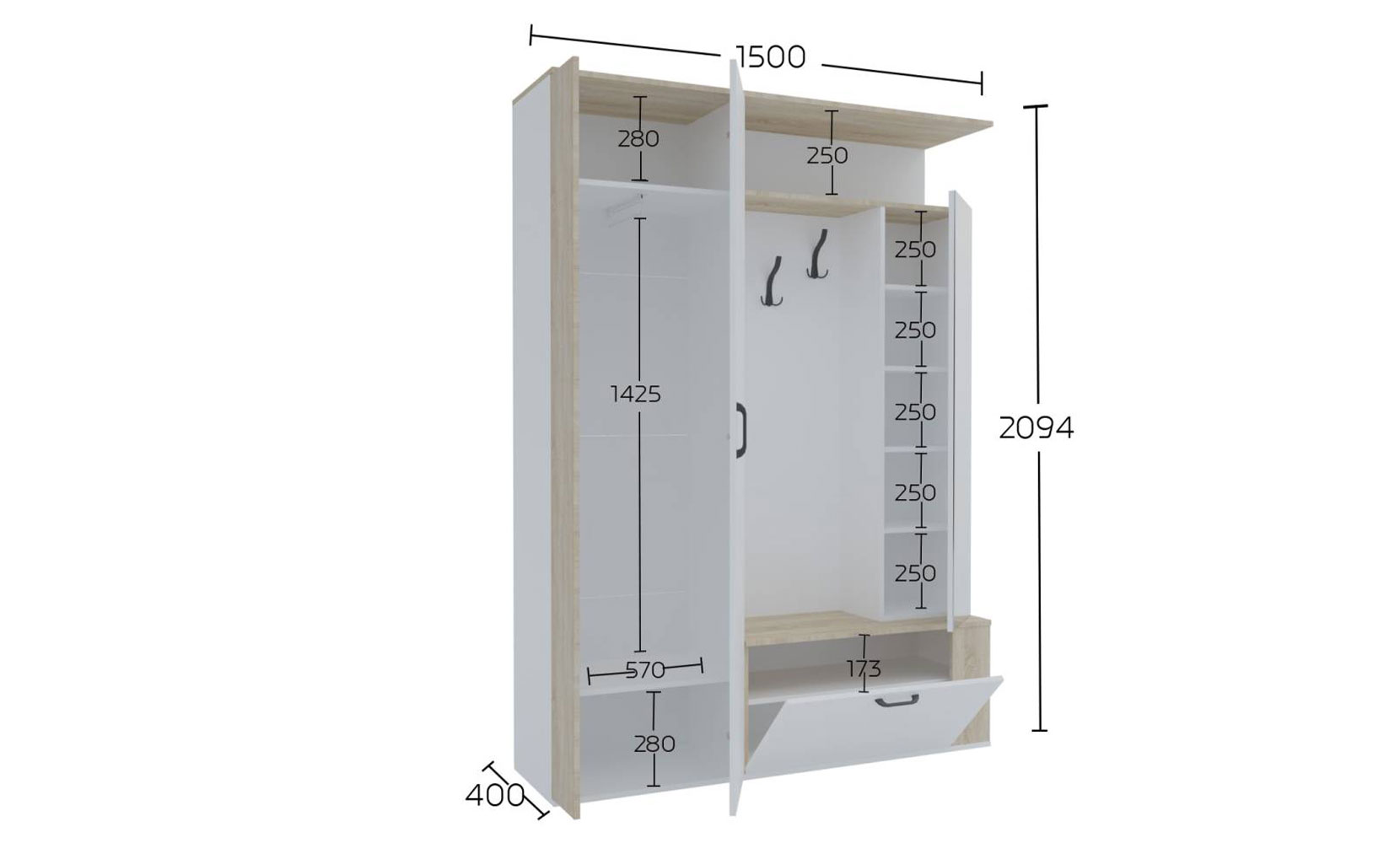 Готові рішення для прихожої Міра предпокій 1500/2094/400 німфея альба/дуб сонома - фото 2